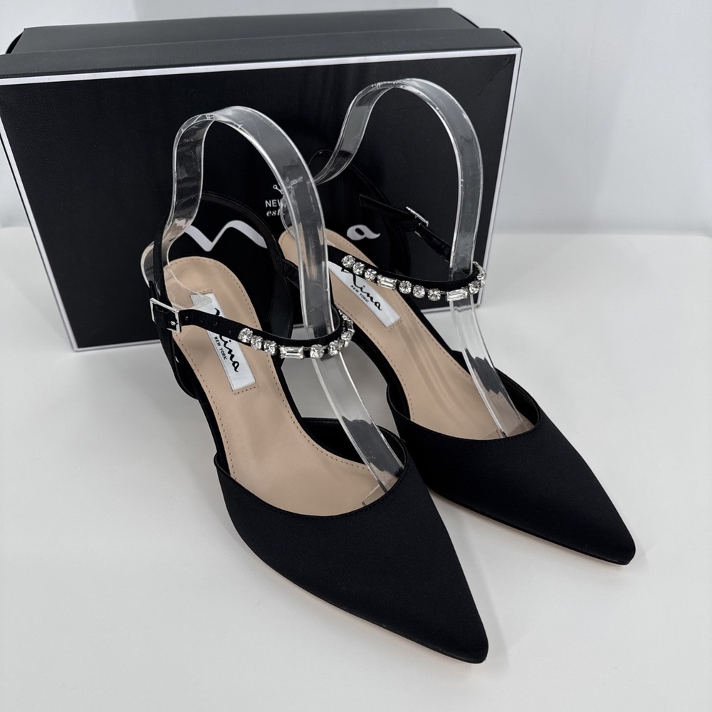 Nina Tucker Women 8M Black Luster Satin Formal Heel‎ Crystals On Ankle Strap NEW